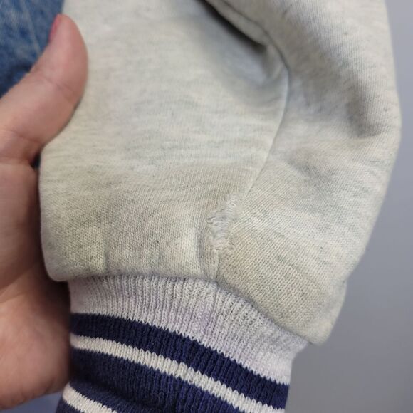 VINTAGE 90s denim varsity bomber spellout jean jacket unisex M - Picture 7 of 11